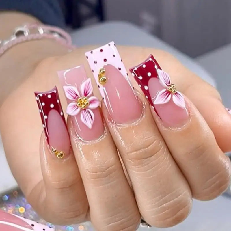 Cappuvini Floral and Polka Dot Press On Nails — Long Coffin Style Manicure Set