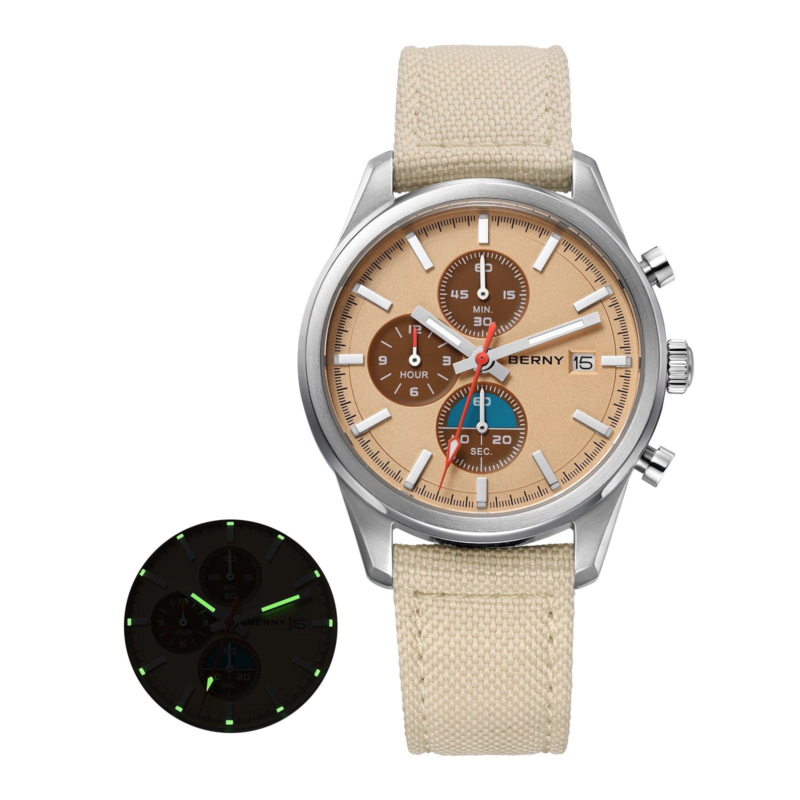 BERNY Chronograph Quartz Men's Watch — Luminous Sport Design with Sapphire Crystal