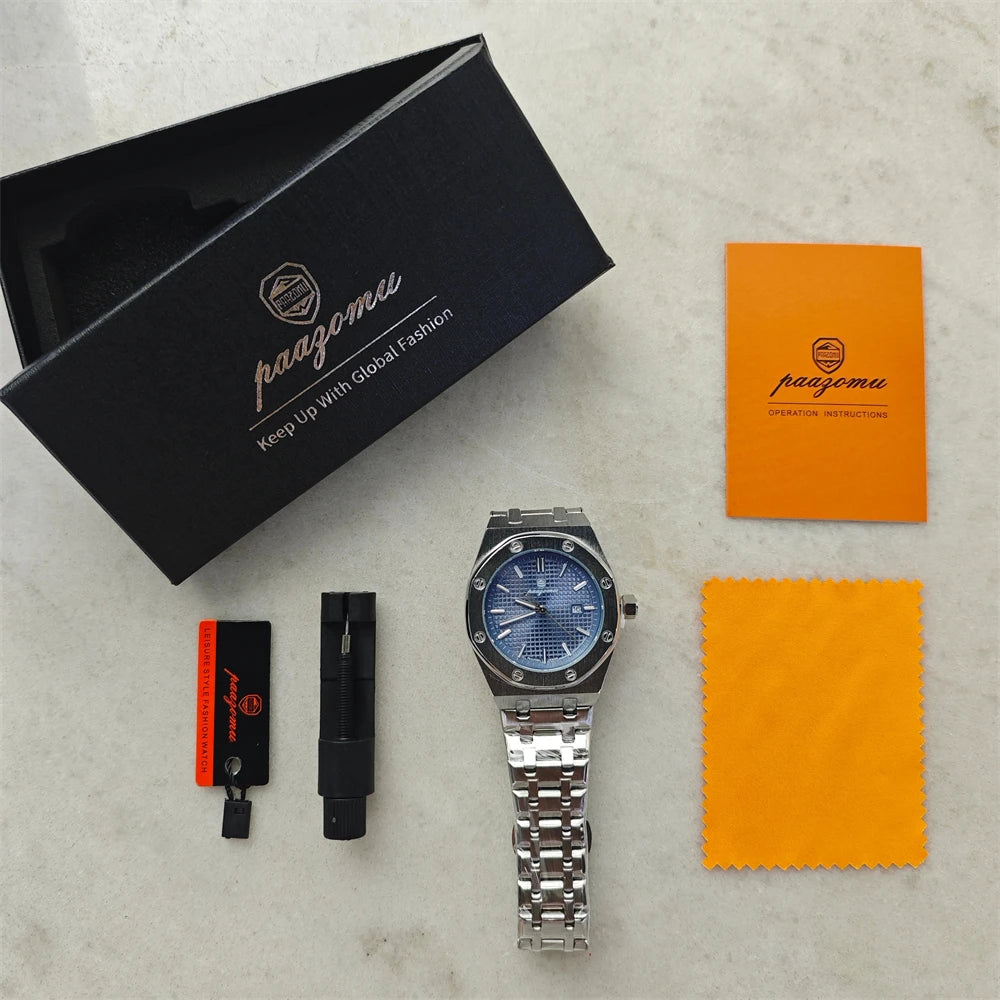 PAAZOMU Men's Business Wristwatch — Stainless Steel Quartz Watch with Luminous Date