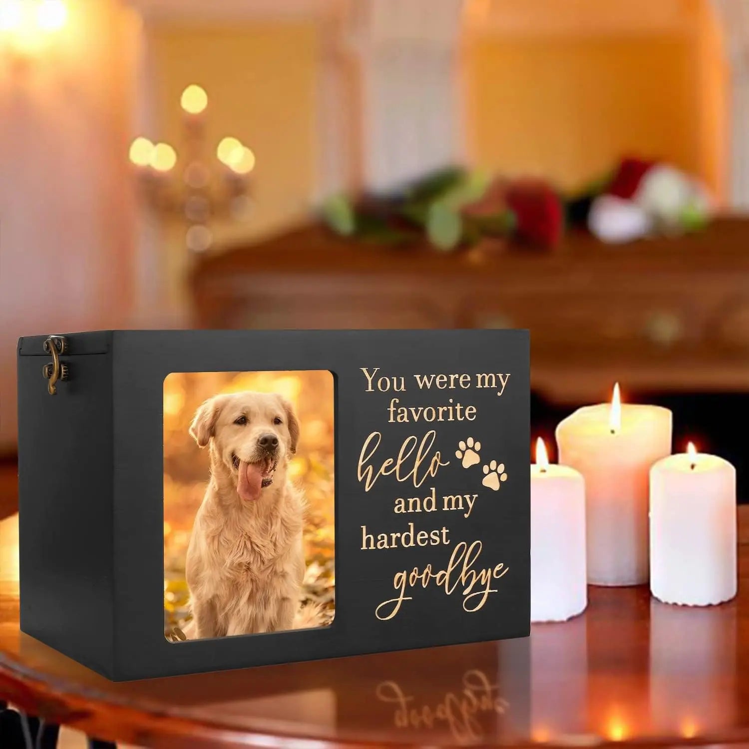 Wooden Pet Memorial Urn — Keepsake Memory Box with Photo Frame