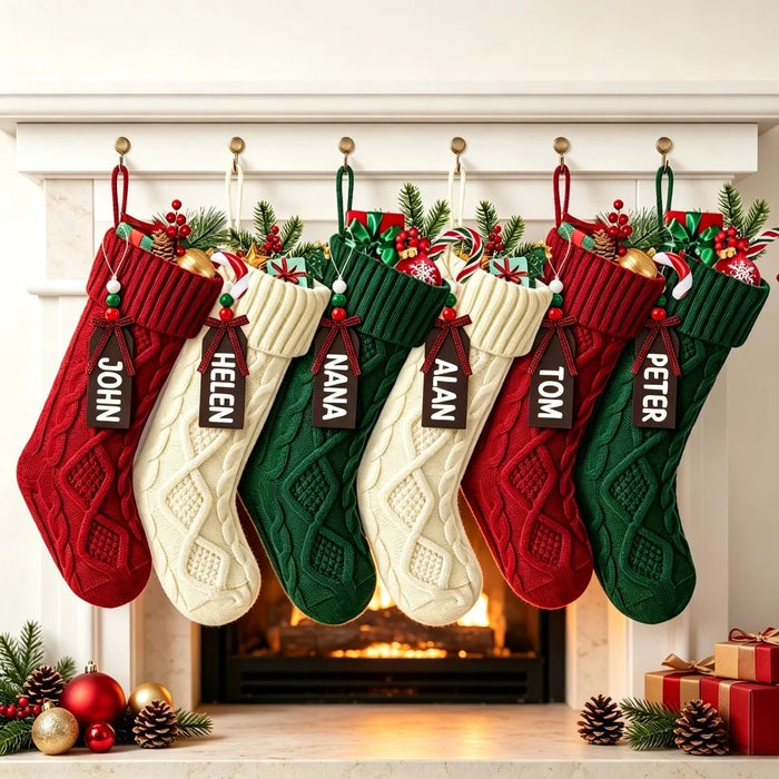 6 Pack Cable Knit Christmas Stockings — Personalized with Wooden Name Tags
