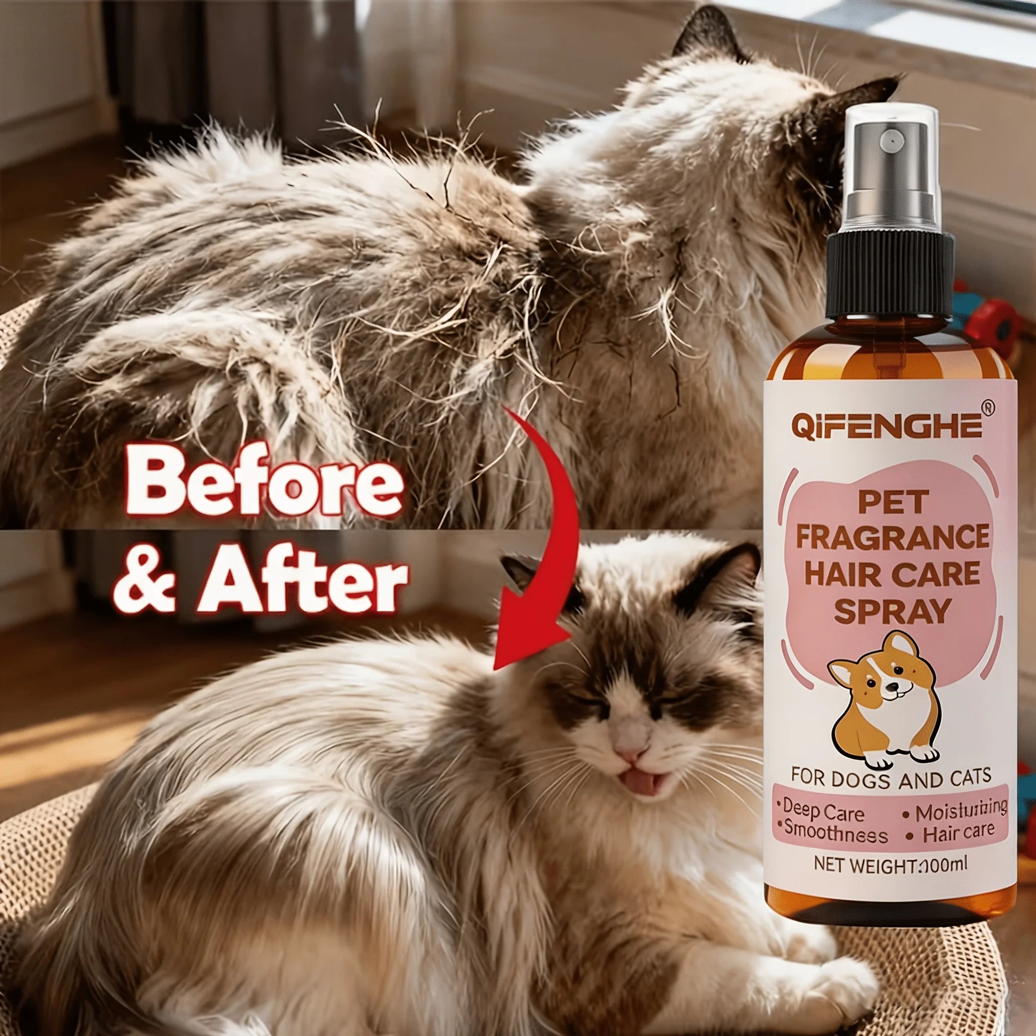 QIFENGHE Pet Hair Care Spray — Instant Frizz Control & Detangling Conditioner