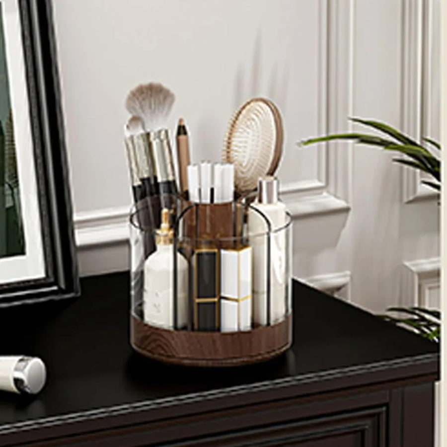 360 Rotating Makeup Organizer — Multi-Compartment Woodgrain Desktop Storage