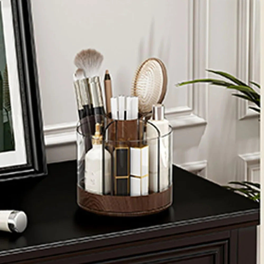 360 Rotating Makeup Organizer — Multi-Compartment Woodgrain Desktop Storage