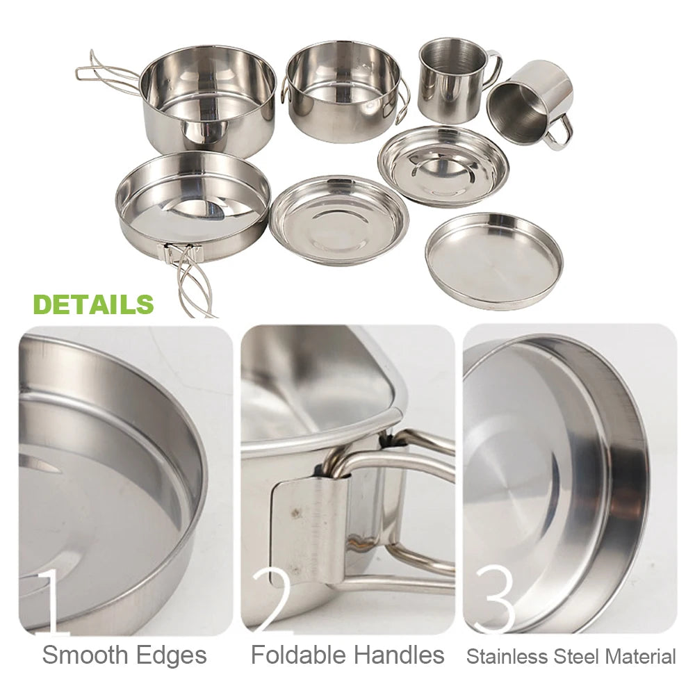 8-Piece Stainless Steel Camping Cookware Set — Compact Mess Kit for Outdoor Dining