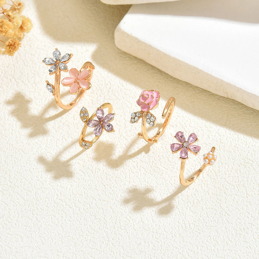 Obega Romantic Flower Ring Set — Rose Enamel & Crystal Stackable Rings