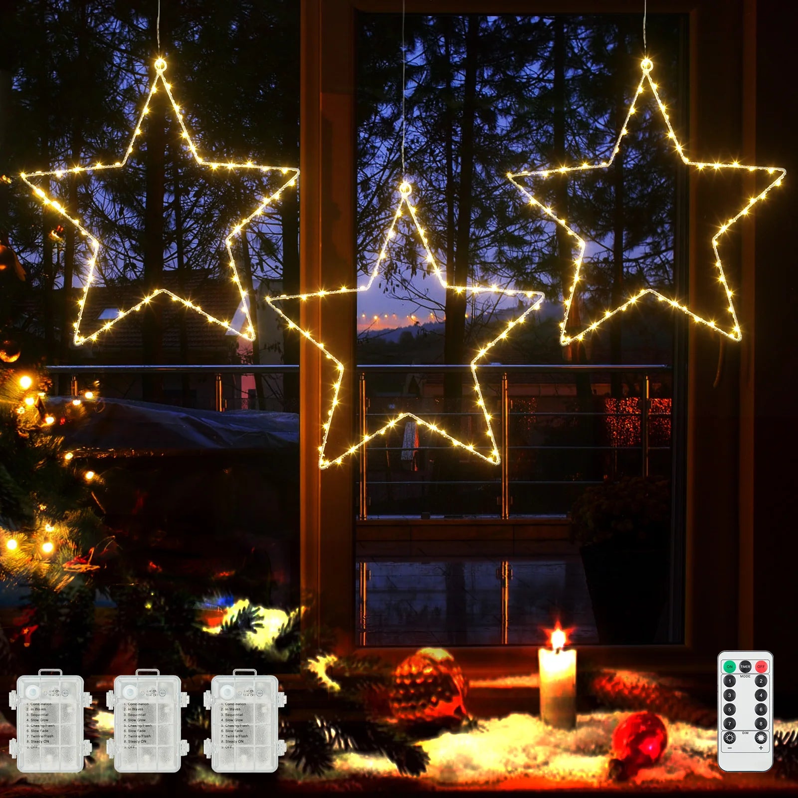 Star Shaped LED Holiday Lights — Warm White Fairy Lights with Remote