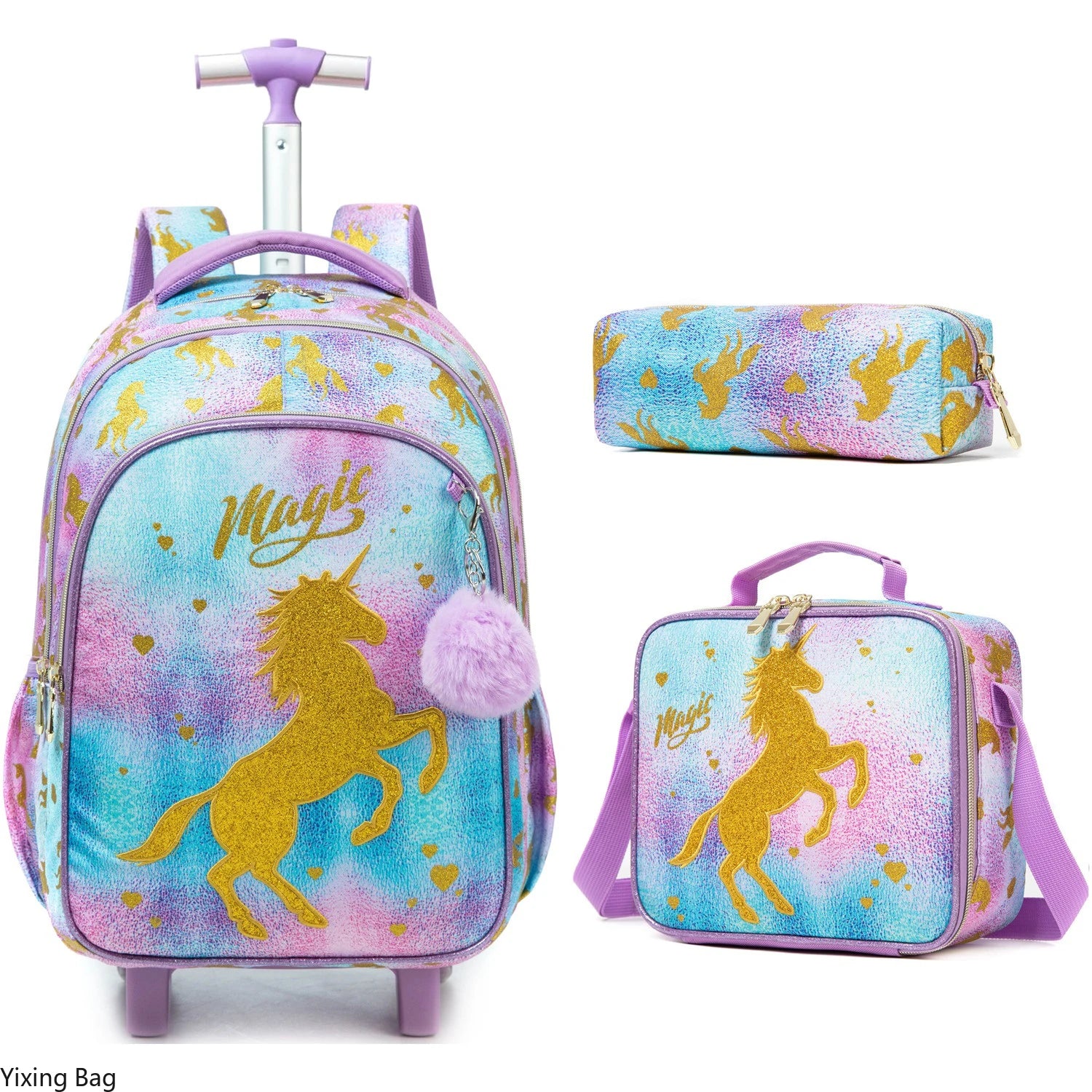 Children's Rolling Backpack Set — Wheeled School Bag with Lunch Bag & Pencil Case