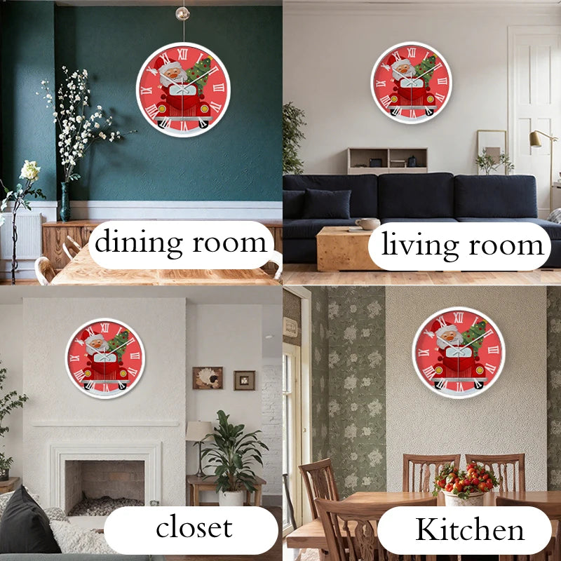 Cute Santa Cartoon Round Wall Clock — Silent Hanging Decor for Kids Rooms