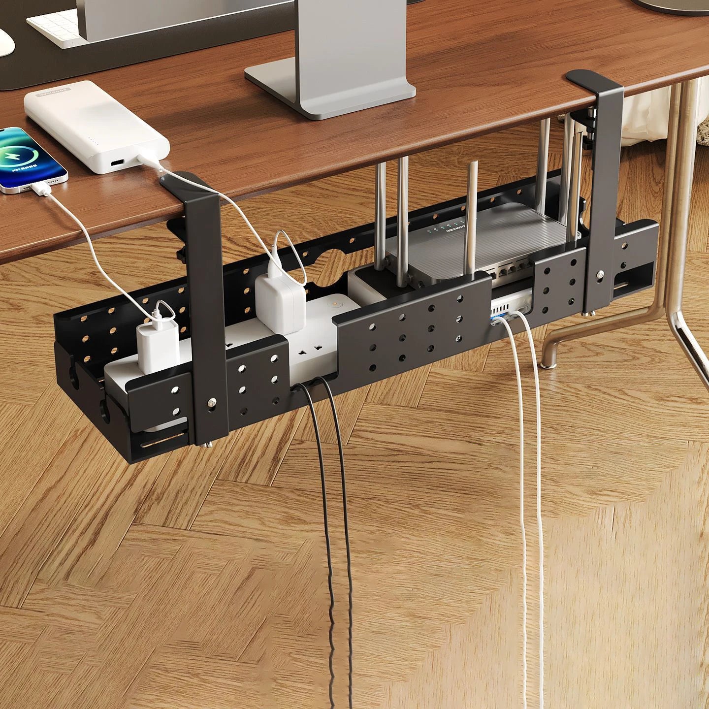 Under Desk Cable Management Tray — Sturdy Metal Cord Organizer, No-Drill Clamp Mount