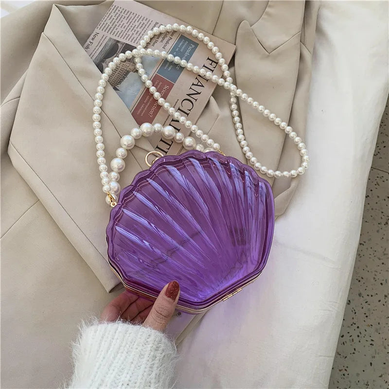 FENJING Transparent Shell Evening Bag — Pearl Chain Clutch & Crossbody Purse
