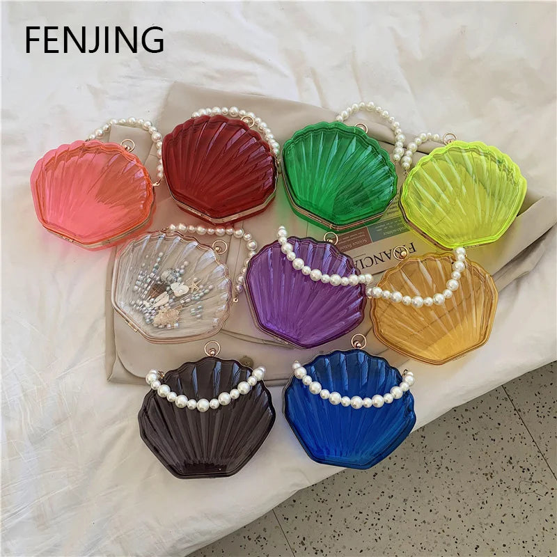 FENJING Transparent Shell Evening Bag — Pearl Chain Clutch & Crossbody Purse