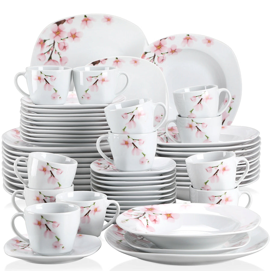MALACASA Pink Floral Porcelain Dinnerware Set — 60-Piece Elegant Dining Collection