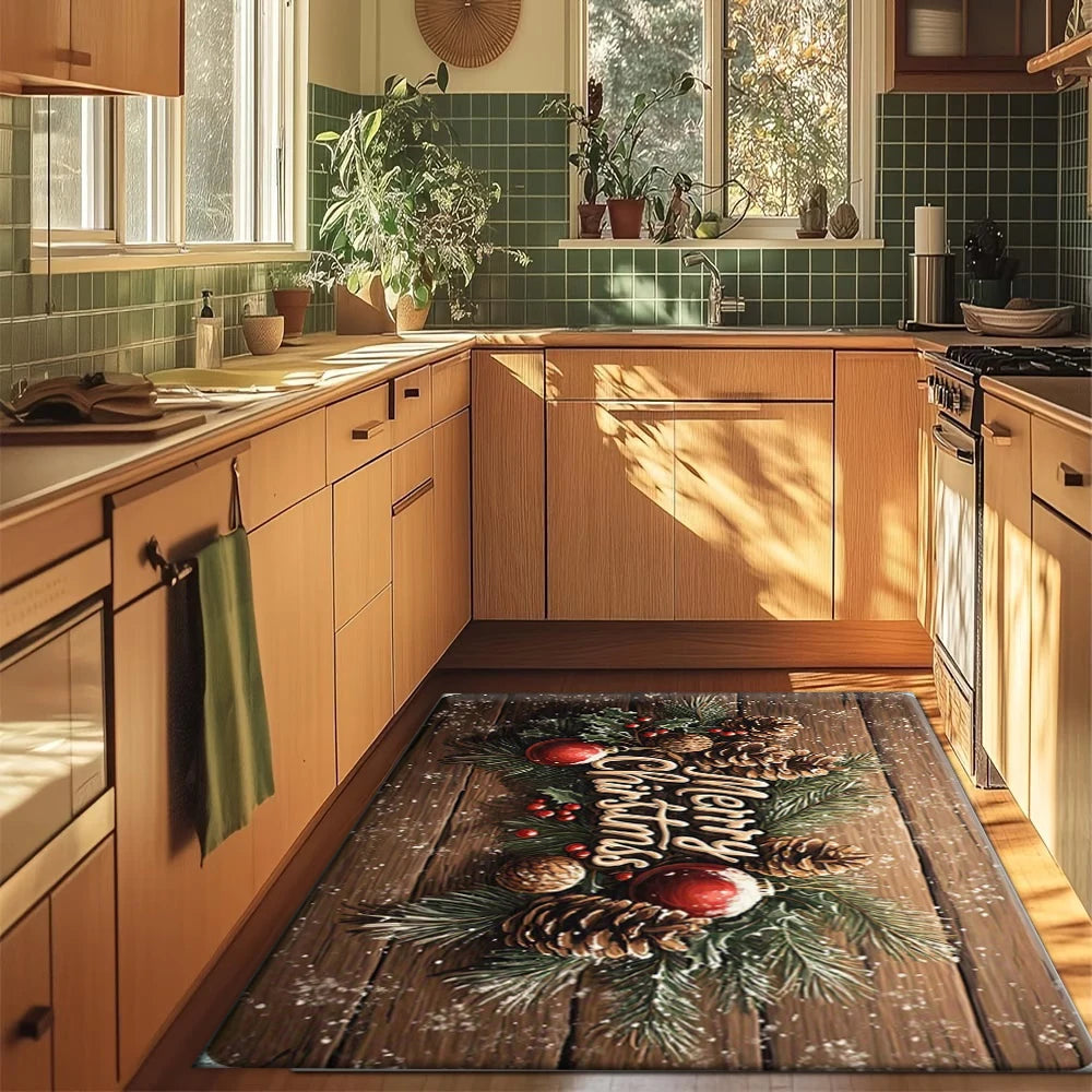 Wood Grain Christmas Holiday Area Rug — Festive Pine Cone & Berry Design