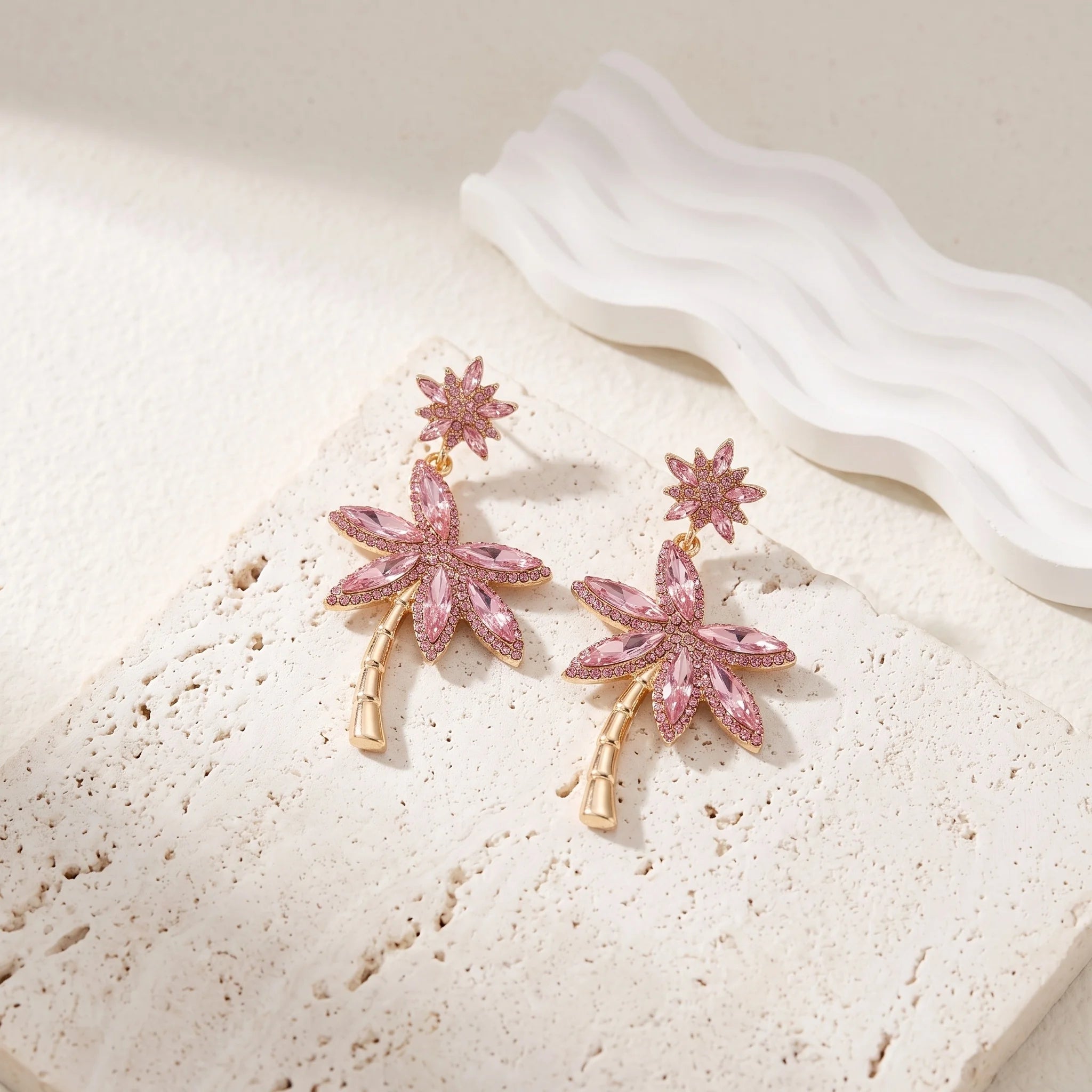 Obega Tropical Coconut Palm Tree Earrings — Shiny Rhinestone Beach Statement Jewelry