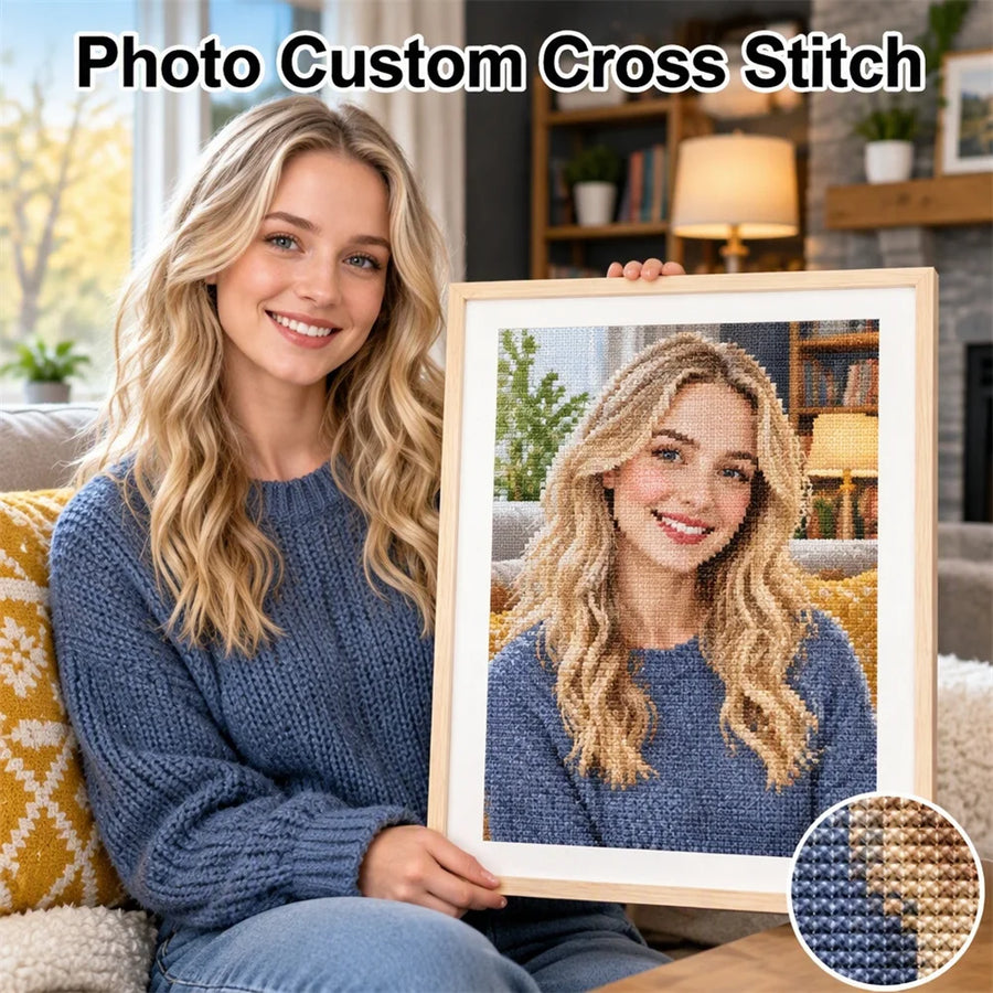 Huacan Custom Photo Cross Stitch Kit — Personalized Portrait Embroidery Set