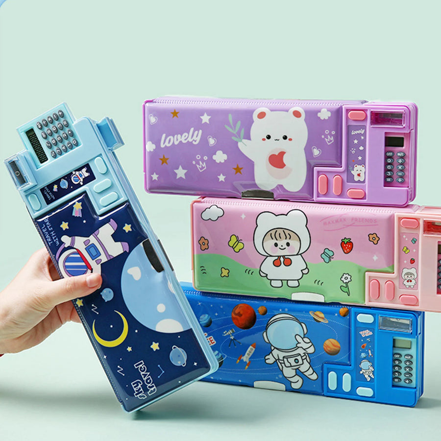 Multifunctional Cartoon Pencil Case — Built-in Calculator & Sharpener