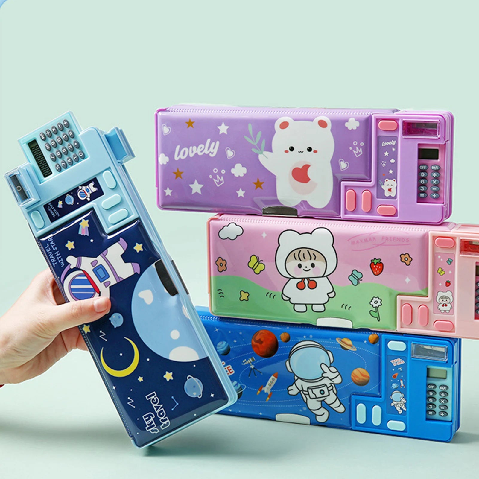 Multifunctional Cartoon Pencil Case — Built-in Calculator & Sharpener