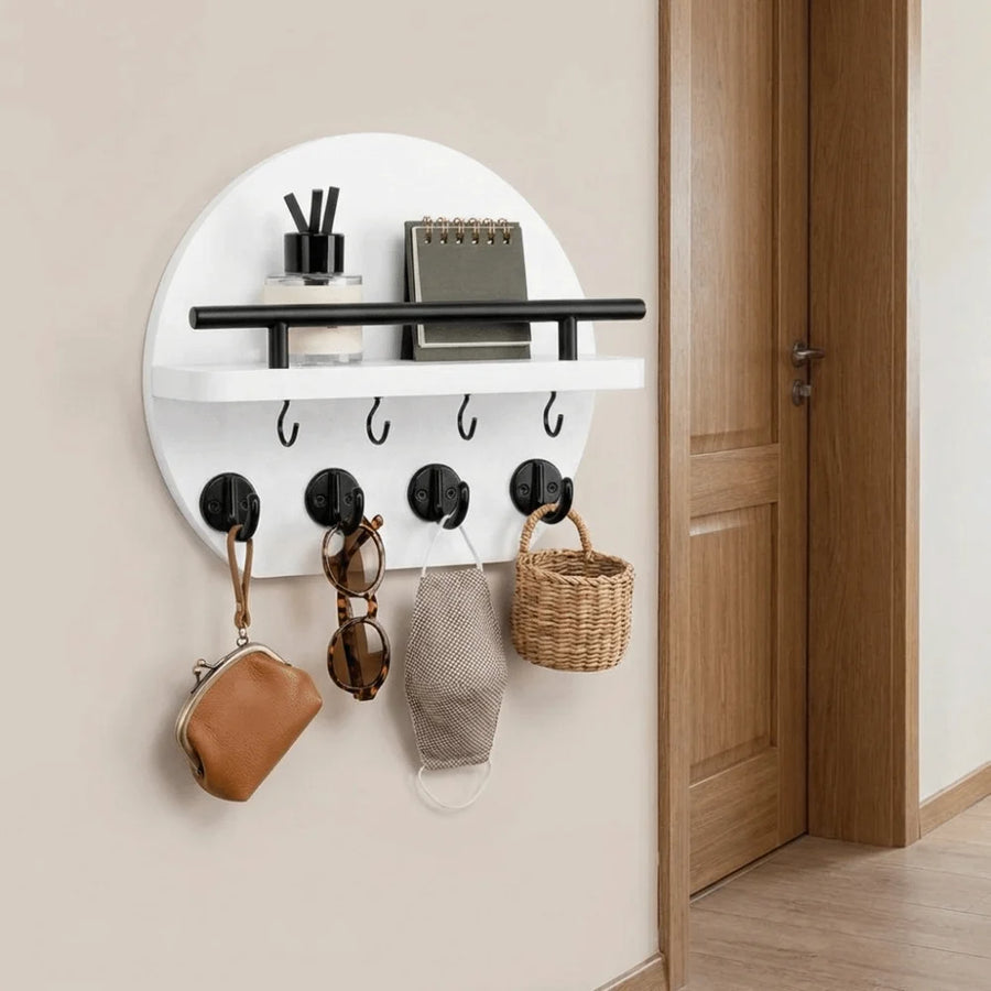 Retro Wall Mounted Key Holder — Decorative Wood Mail Organizer with Shelf