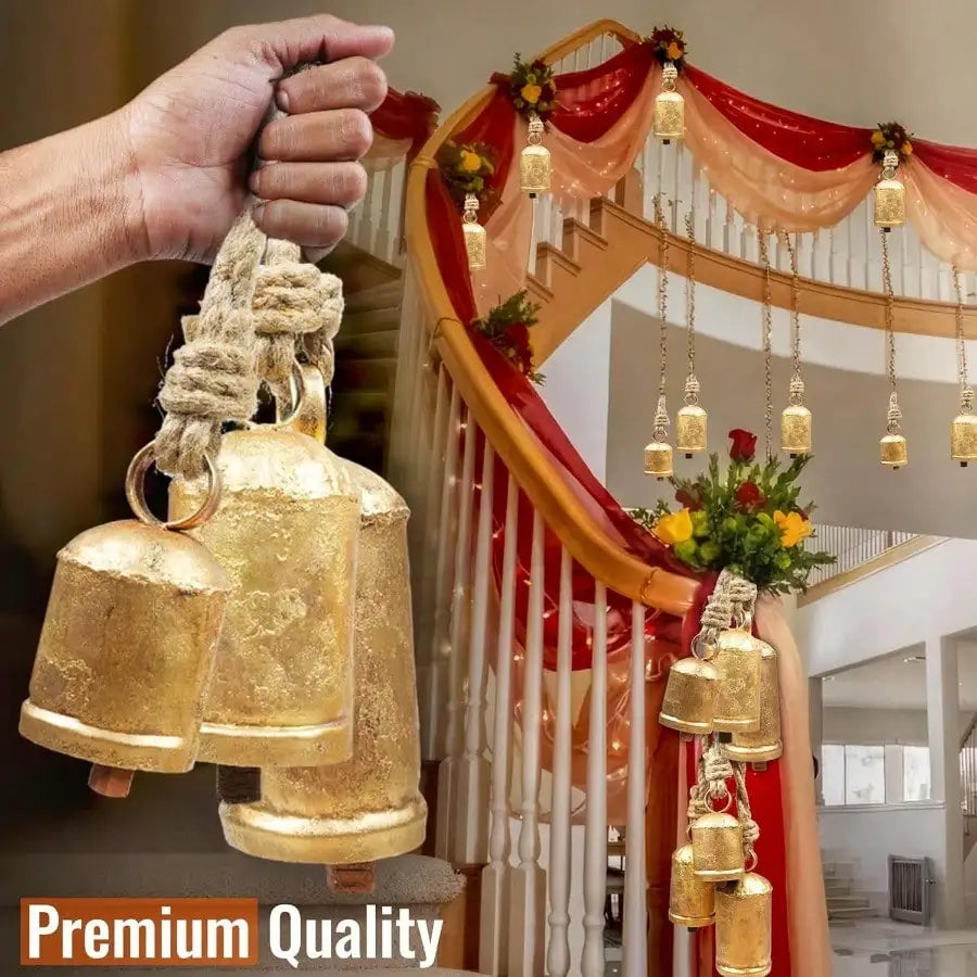 Rustic Gold Christmas Bells — Set of 3 Decorative Holiday Ornaments