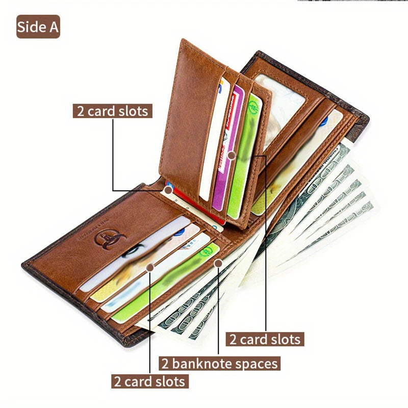 Men's Genuine Leather Bi-Fold Wallet — High-Capacity Business Card Holder