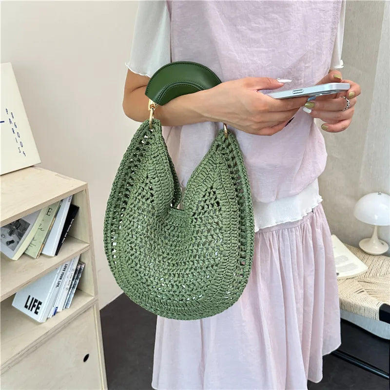Boho Handwoven Straw Hobo Bag — Elegant Crescent Summer Tote