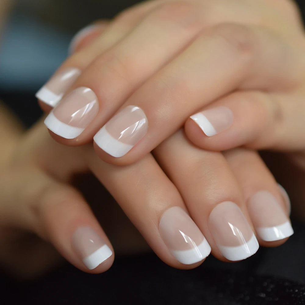 French Style Press On Nails — Glossy Nude White Tip Manicure Set