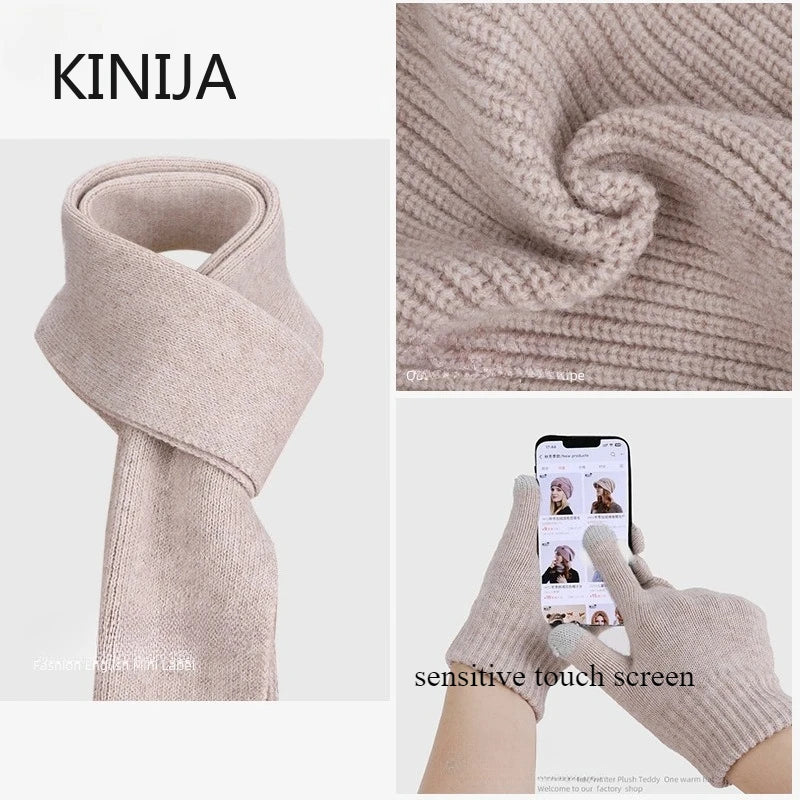 KINIJA Women's Winter Knit Set — Warm Plush Hat, Scarf & Gloves