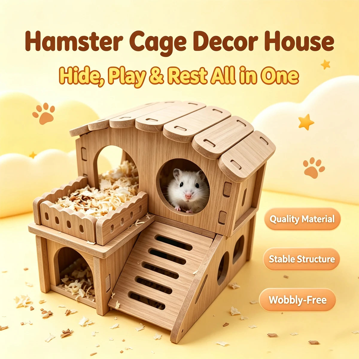 Wooden Multi-Chamber Hamster Villa — Small Pet Hideout and Activity Center