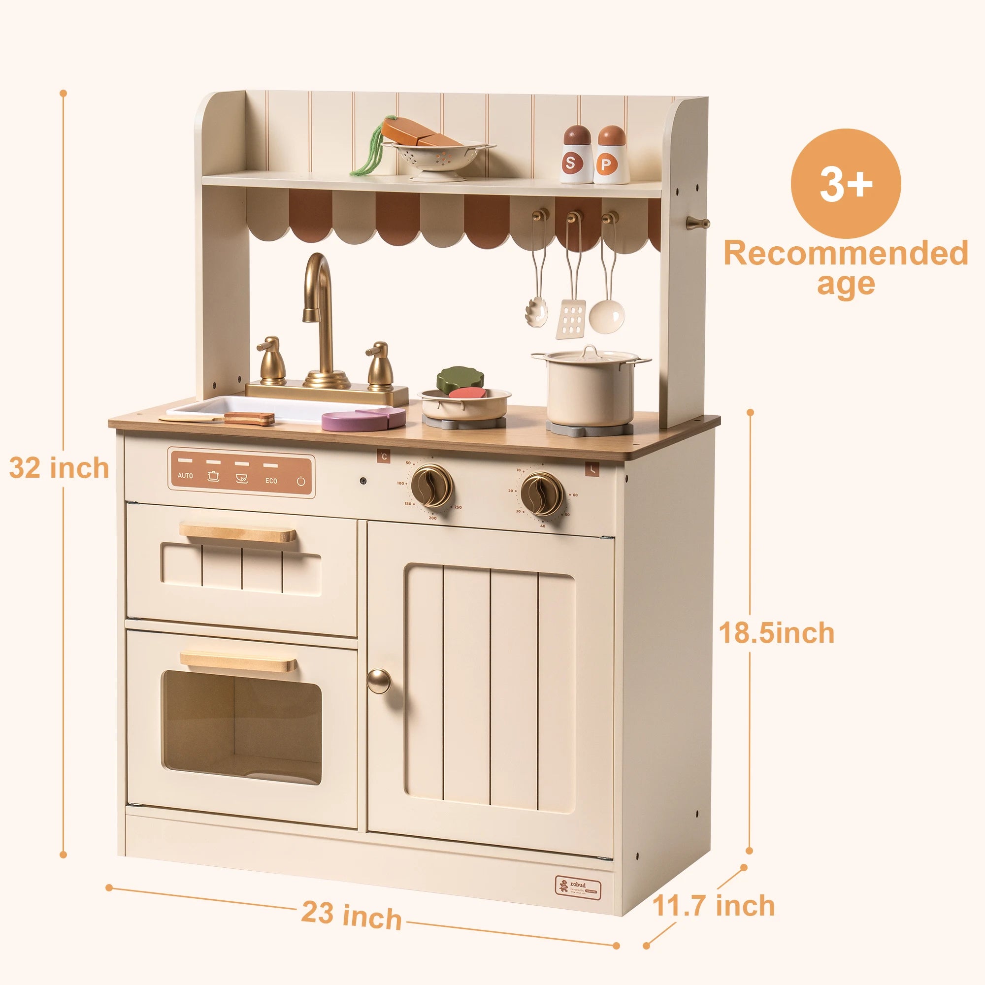 Robud Wooden Play Kitchen Set — Pretend Play Toy with Accessories, Beige