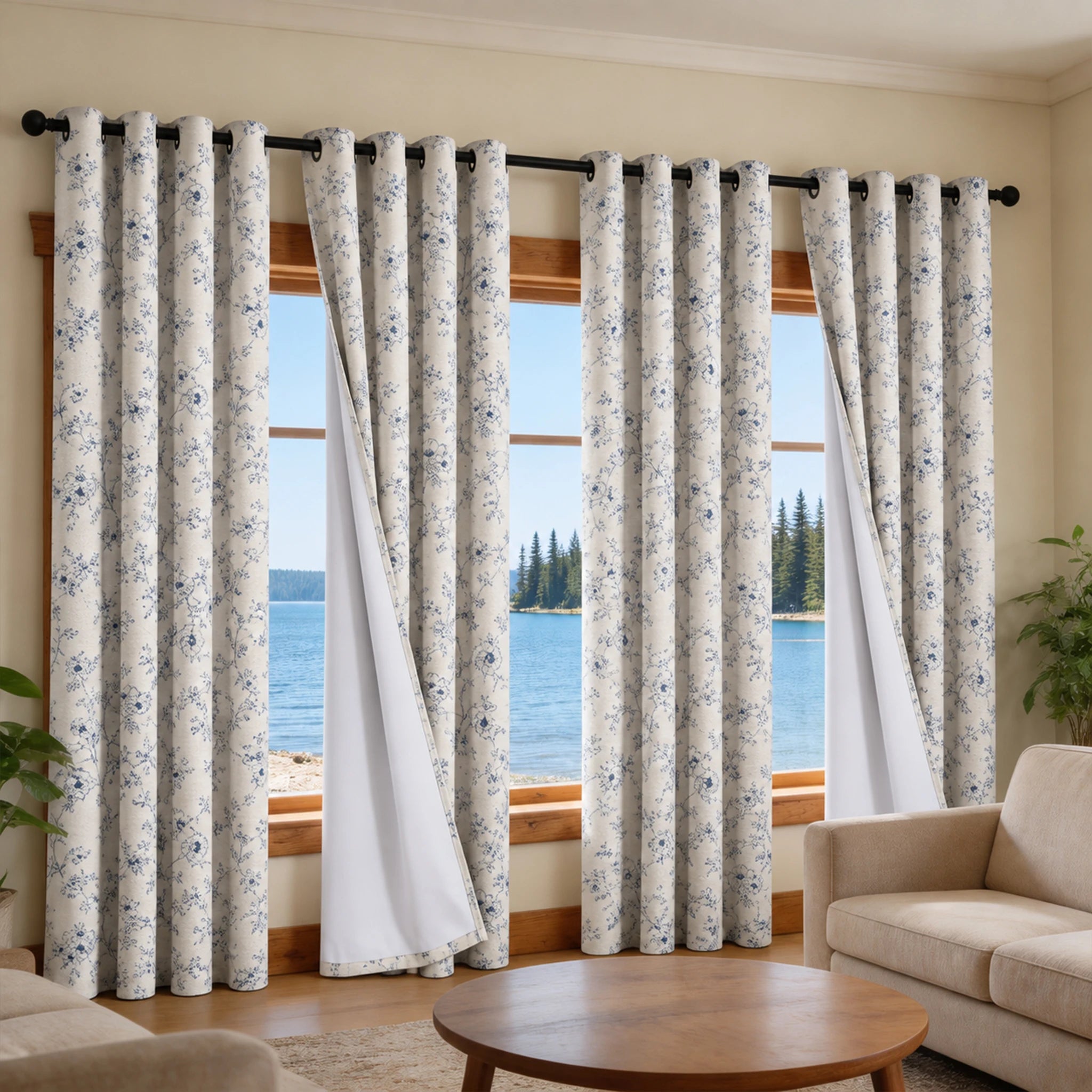 Blue Floral Blackout Curtains — 4 Panel Thermal Insulated Set