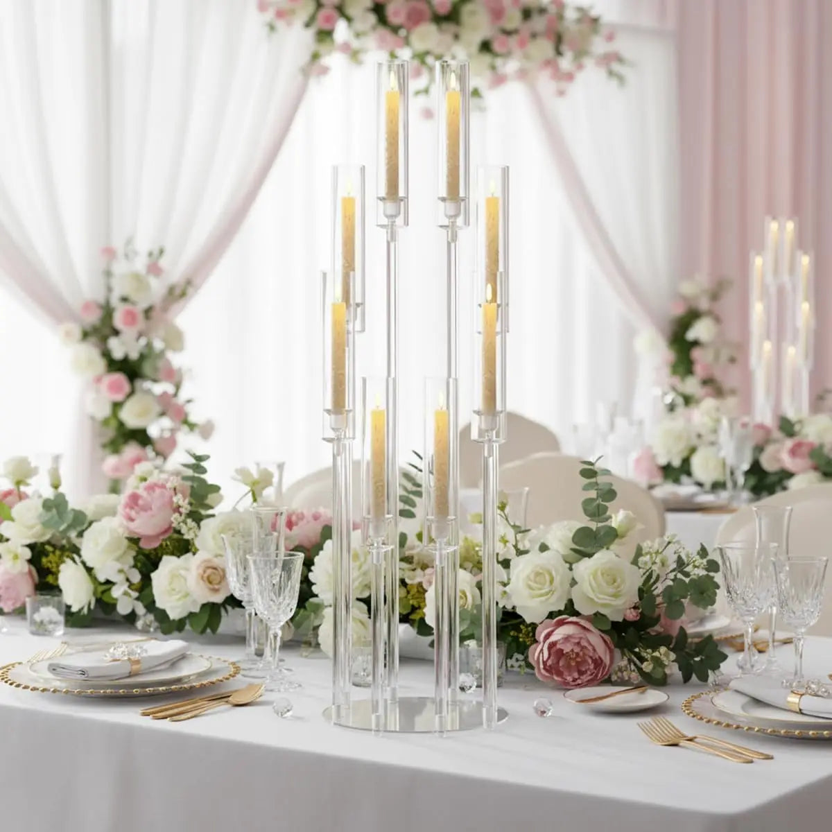 VINCIGANT Clear Acrylic 8-Arm Candelabra — Elegant Table Centerpiece for Events