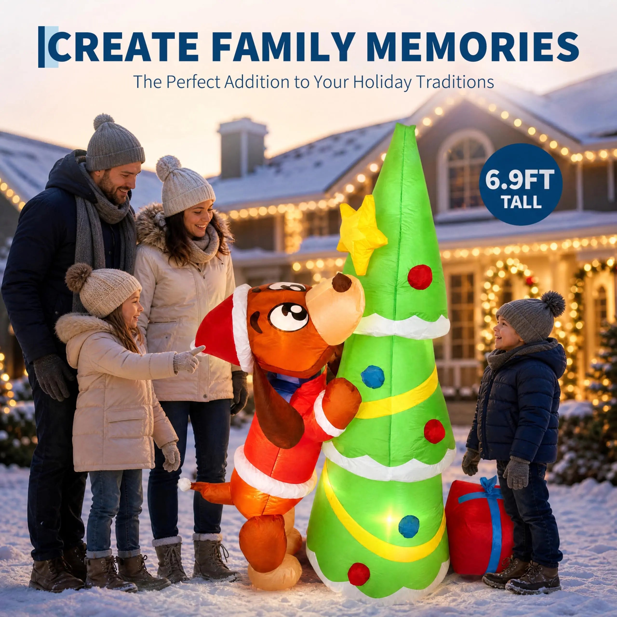 Giant Inflatable Christmas Dog with Tree — LED Light Outdoor Yard Decoration