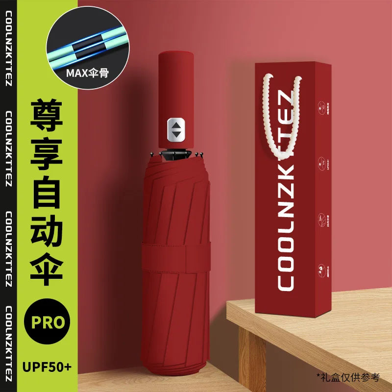 Automatic Three-Fold Umbrella — Windproof UV Protection with Black Coating