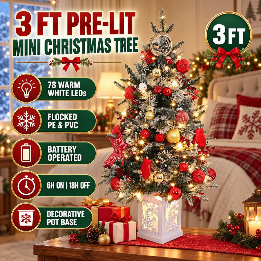 Pre-Lit Mini Christmas Tree — 3FT Flocked Artificial Tree with LED Lights