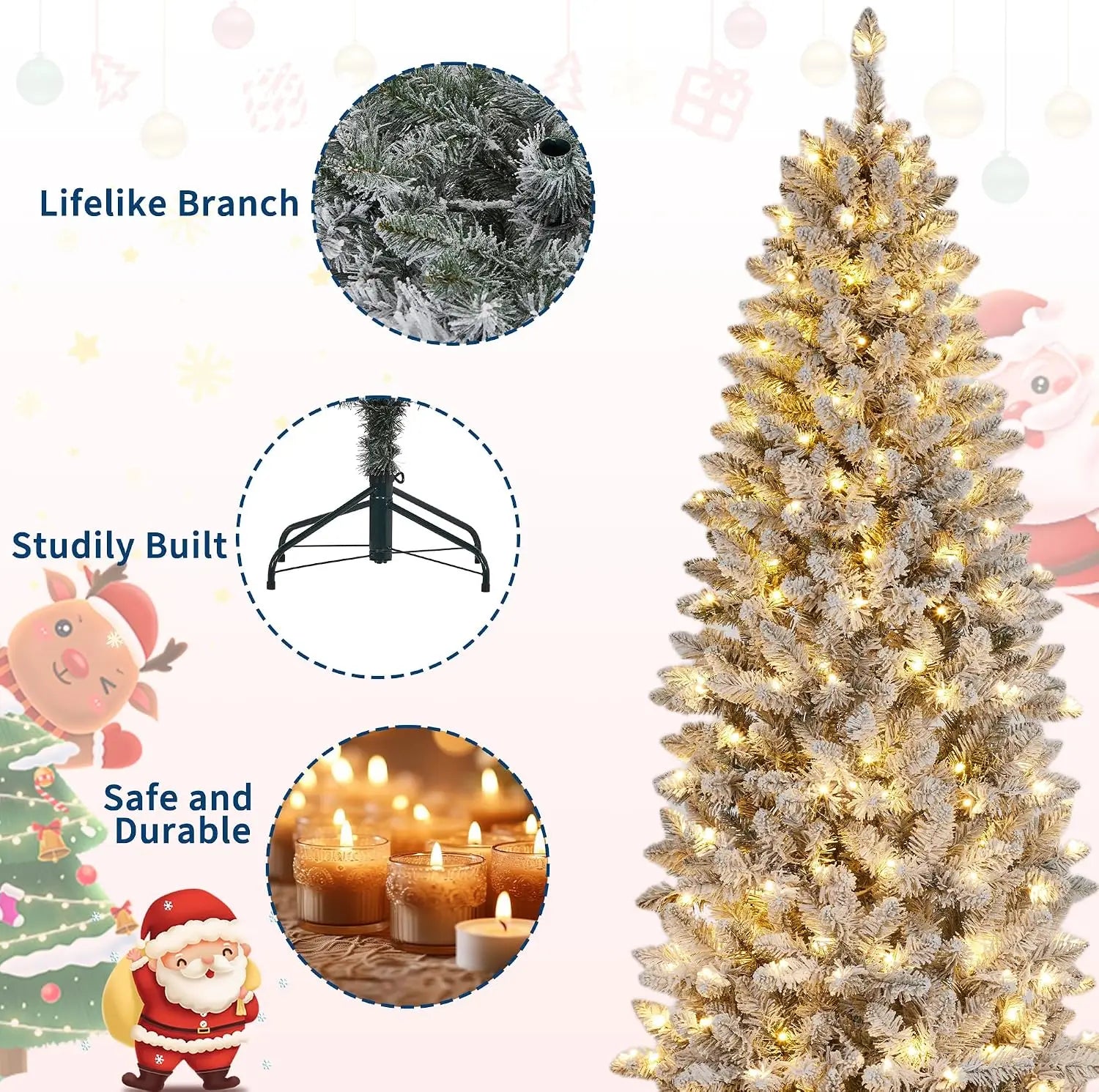 7.5 ft Pre-Lit Pencil Christmas Tree — Realistic Frosted Design with LED Lights
