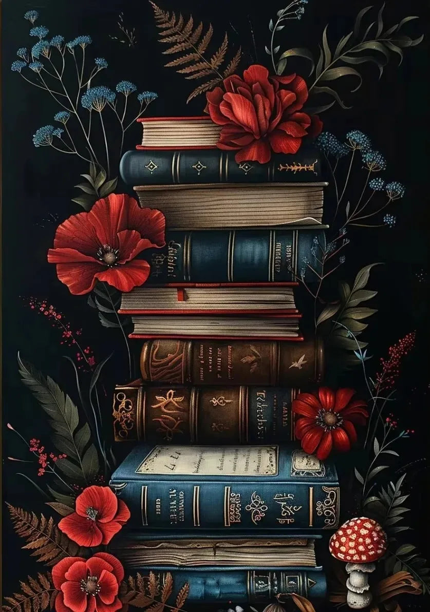 Vintage Bookstore Canvas Painting — Dark Academia Floral Wall Art