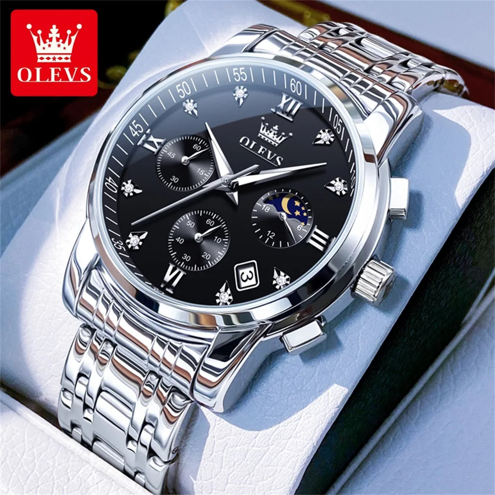 OLEVS 2858 Men's Luxury Watch — Stainless Steel Moon Phase Chronograph