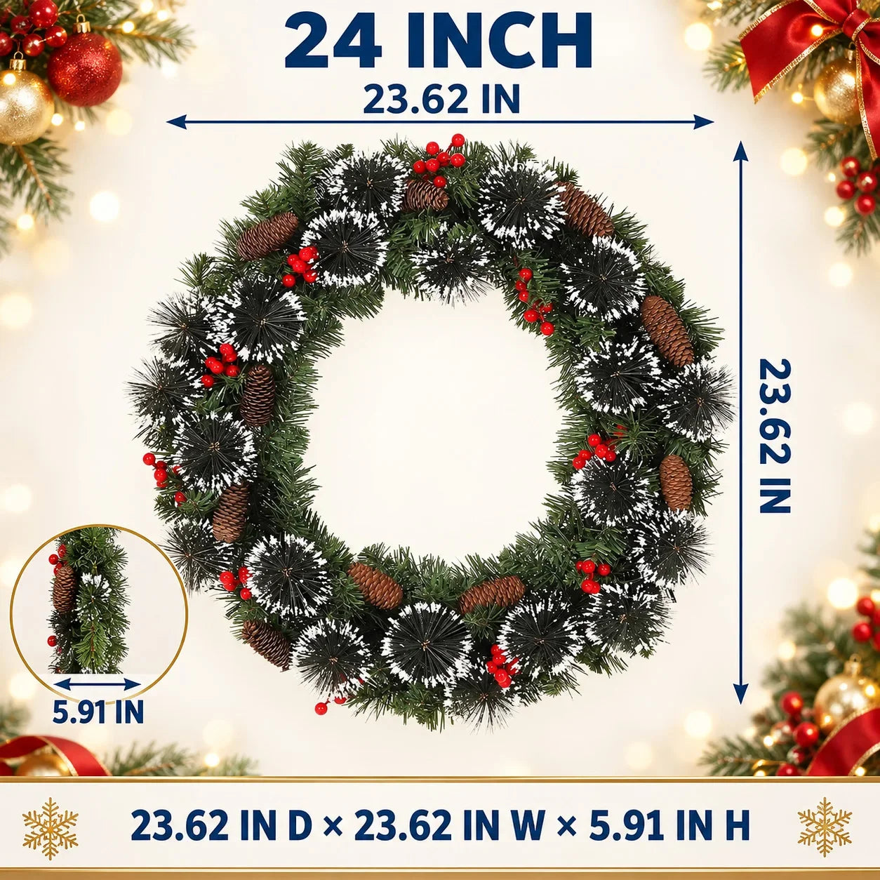 Pre-Lit Artificial Christmas Wreath — Warm White LED Lights & Red Berries