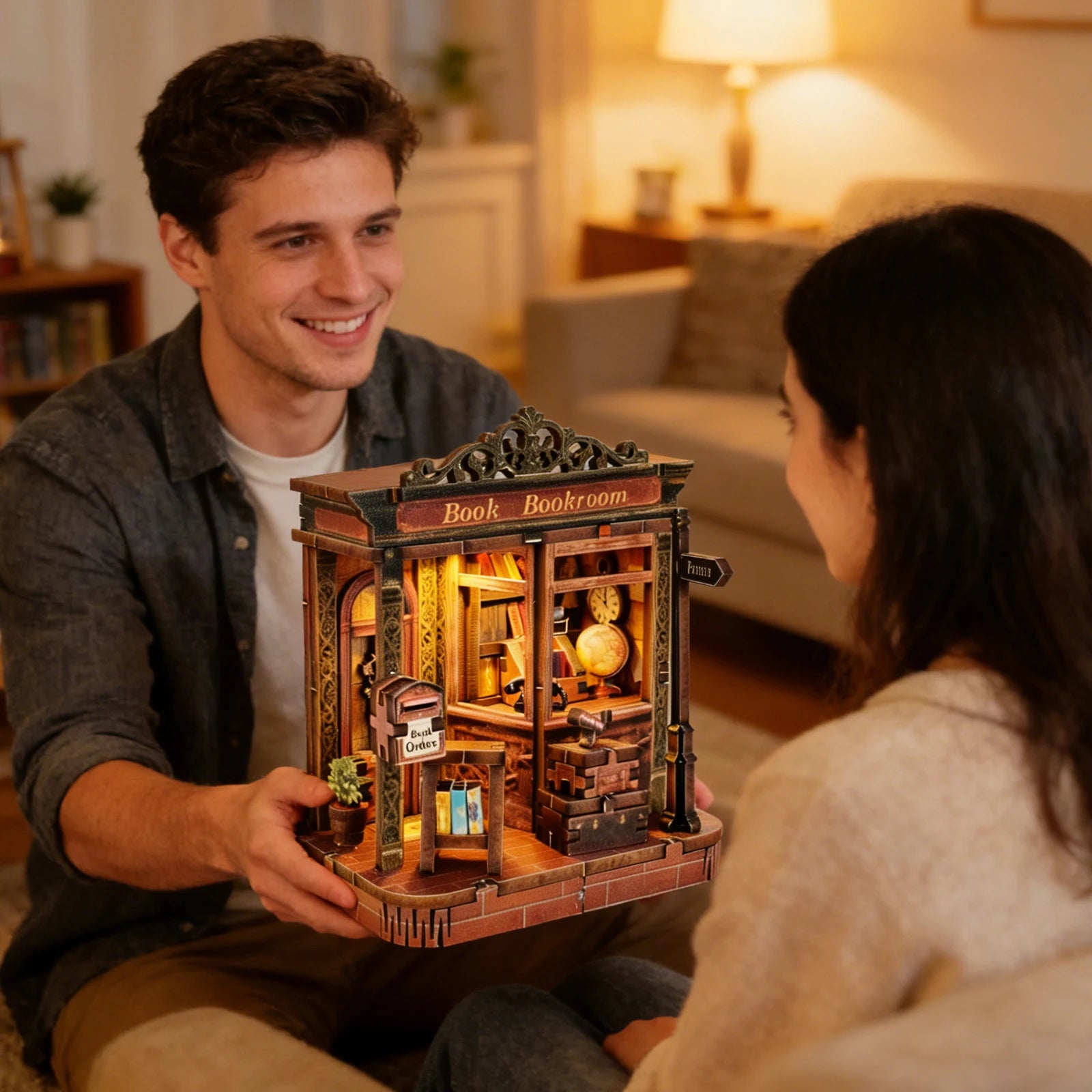 3D Wooden Book Nook Model Kit — DIY Paper Cottage Miniature with Lights