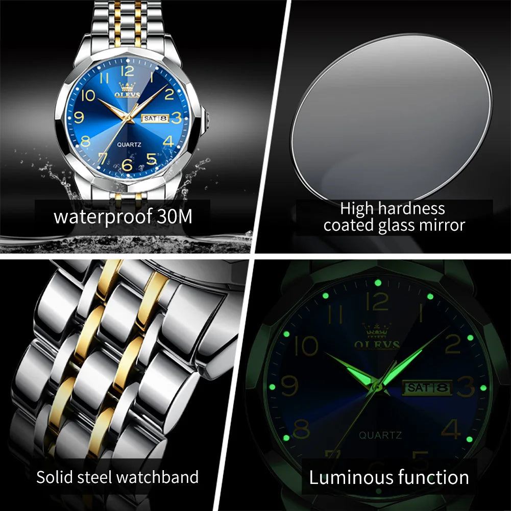 OLEVS 9970 Quartz Wristwatch — Stainless Steel Men's Watch with Date Display