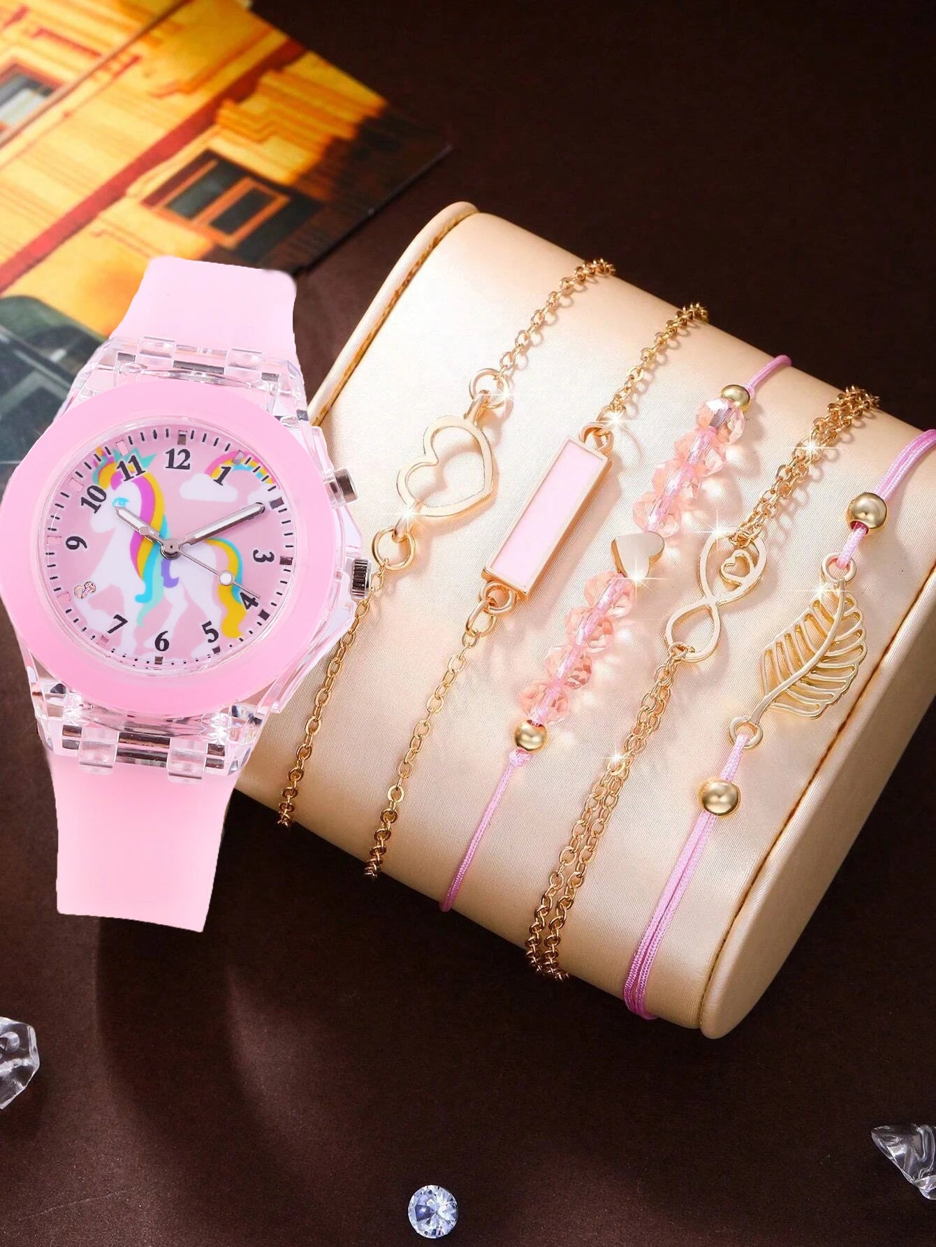 Unicorn Children's Watch Set — Light-Emitting Quartz Watch & Feather Bracelet