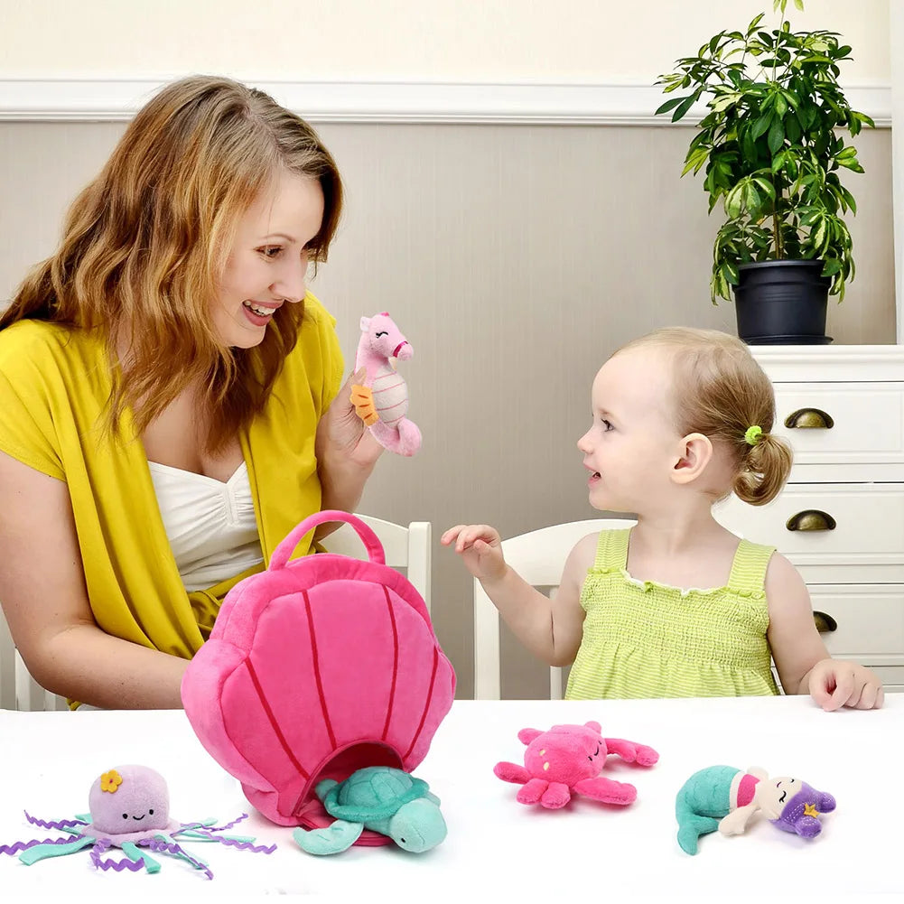 Ocean Sea Creature Plush Set — 5 Piece Stuffed Animal Collection with Shell Bag