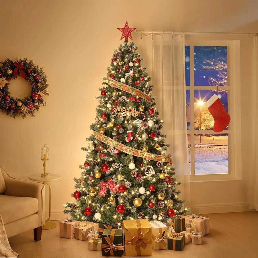 Snow Flocked Artificial Christmas Tree — Pre-Lit Slim Design with Pine Cones