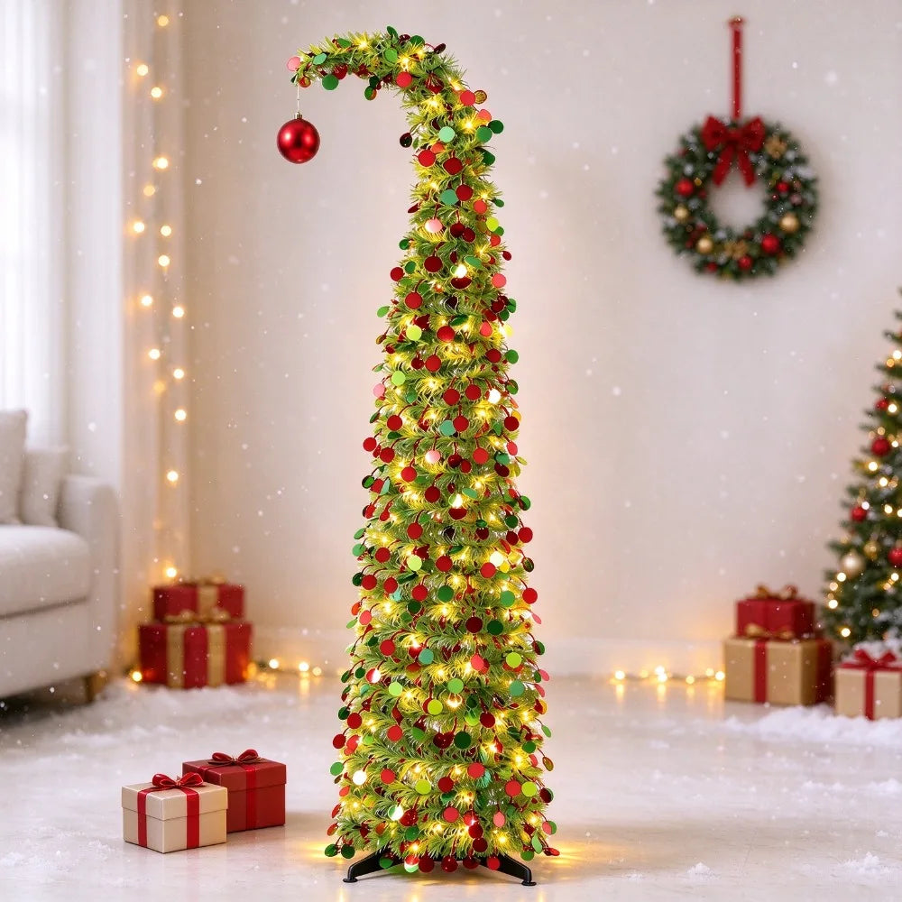 5ft Collapsible Pencil Christmas Tree — Sequined Pop Up Holiday Decor