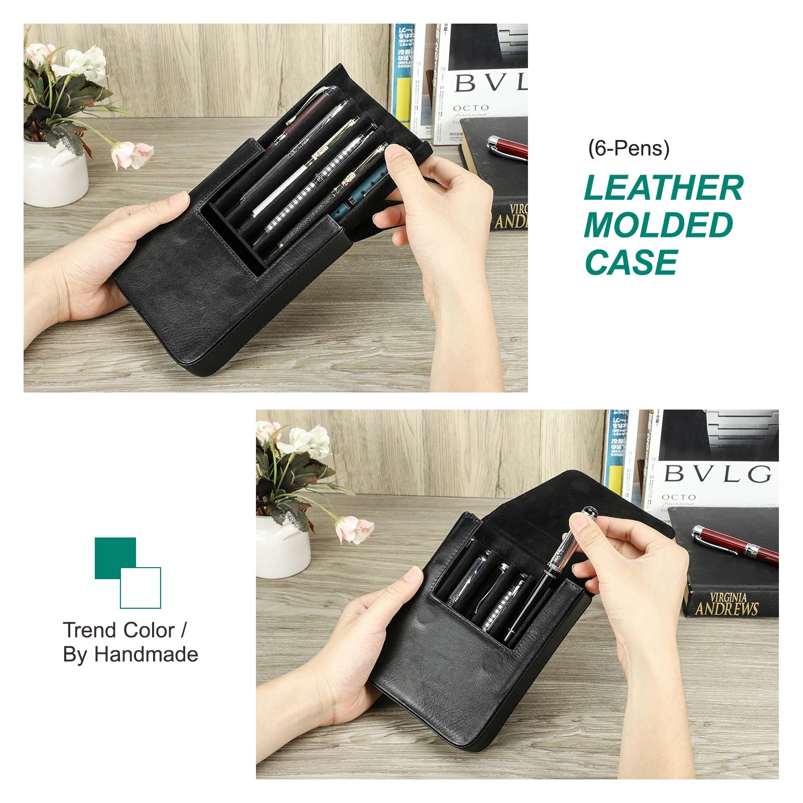 CONTACTS FAMILY Luxury Leather Pen Case — 6 Slot Organizer with Removable Tray