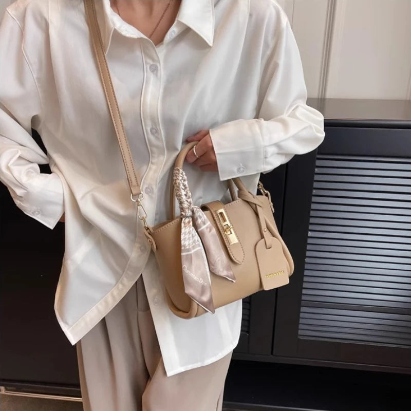 Elegant Leather Top Handle Handbag — Versatile Shoulder Purse with Silk Scarf