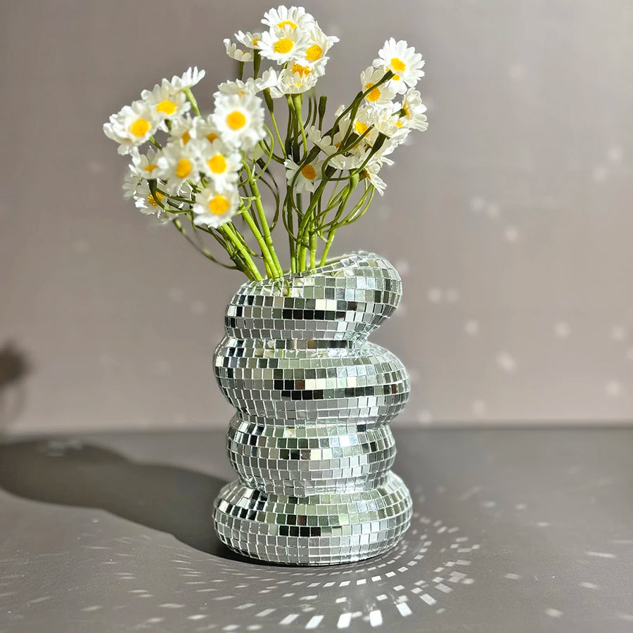 FngJiuyer Disco Ball Spiral Vase — Reflective Mirror Tile Flower Decor
