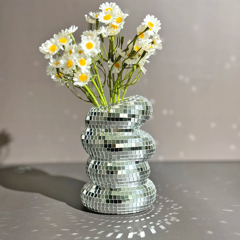 FngJiuyer Disco Ball Spiral Vase — Reflective Mirror Tile Flower Decor