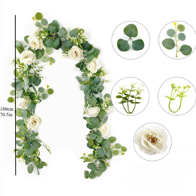 Artificial Eucalyptus Garland with White Flowers — Decorative Vine for Weddings & Home Decor